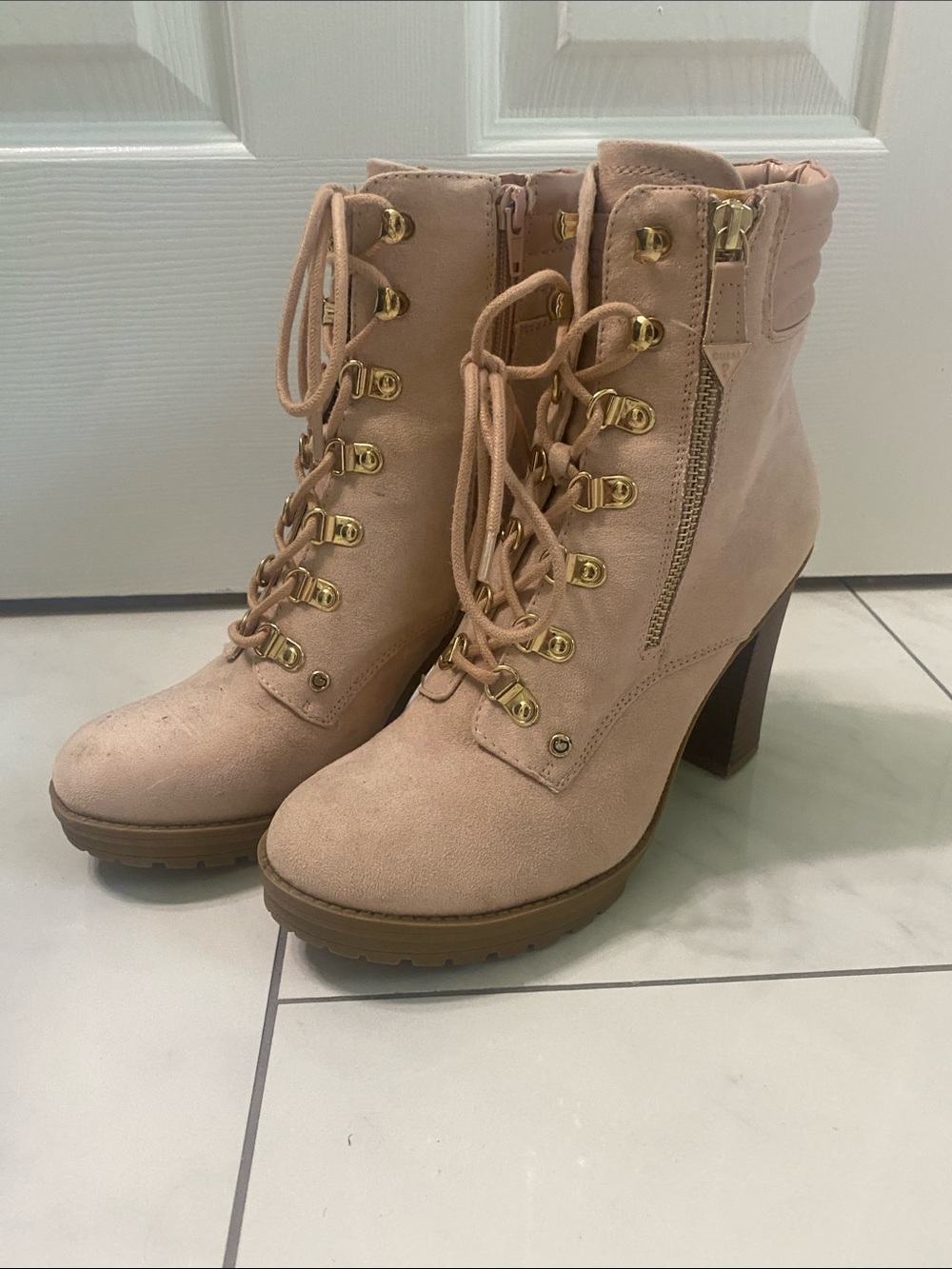 Guess Blush Pink Lace-Up Block Heel Ankle Boots